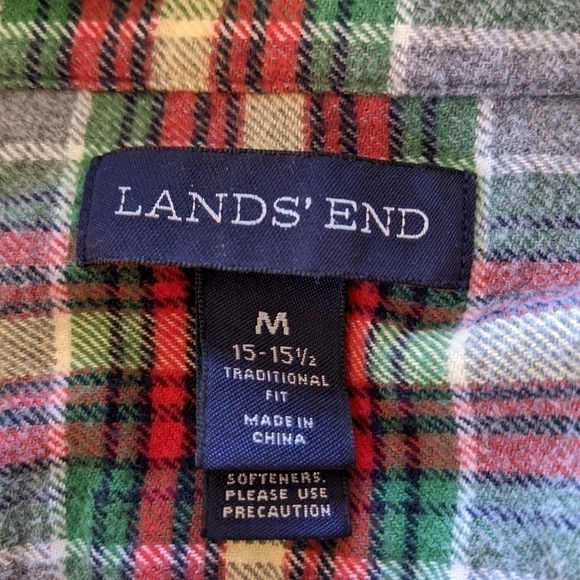 lands END size Medium 15-15.5 Men’s Cotton Flannel Plaid Button Down Shirt - Picture 3 of 7